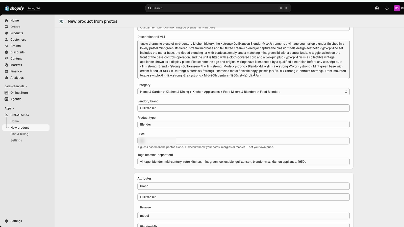 Generated product listing in the Shopify admin.