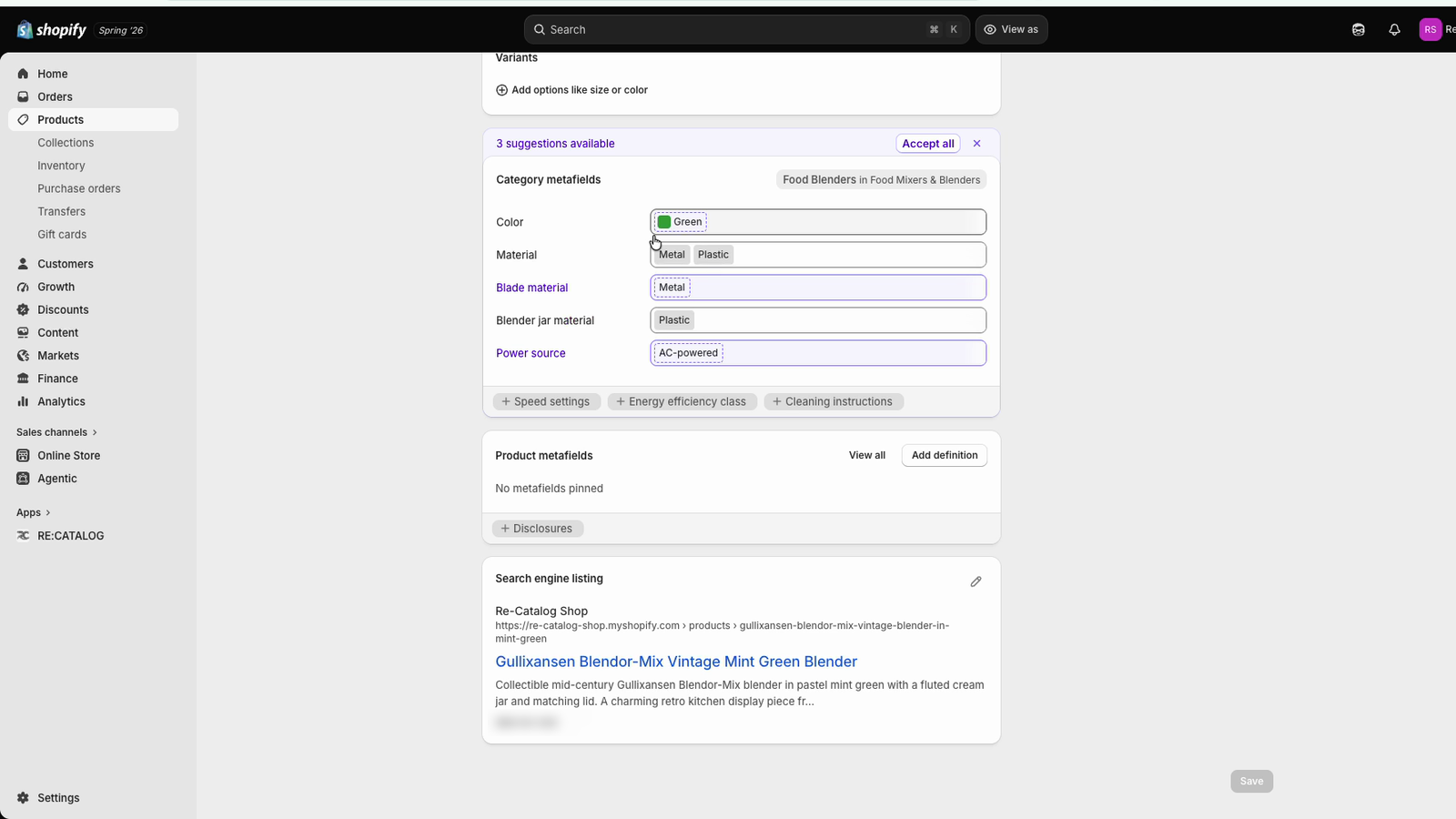 Auto-filled attributes and SEO fields.