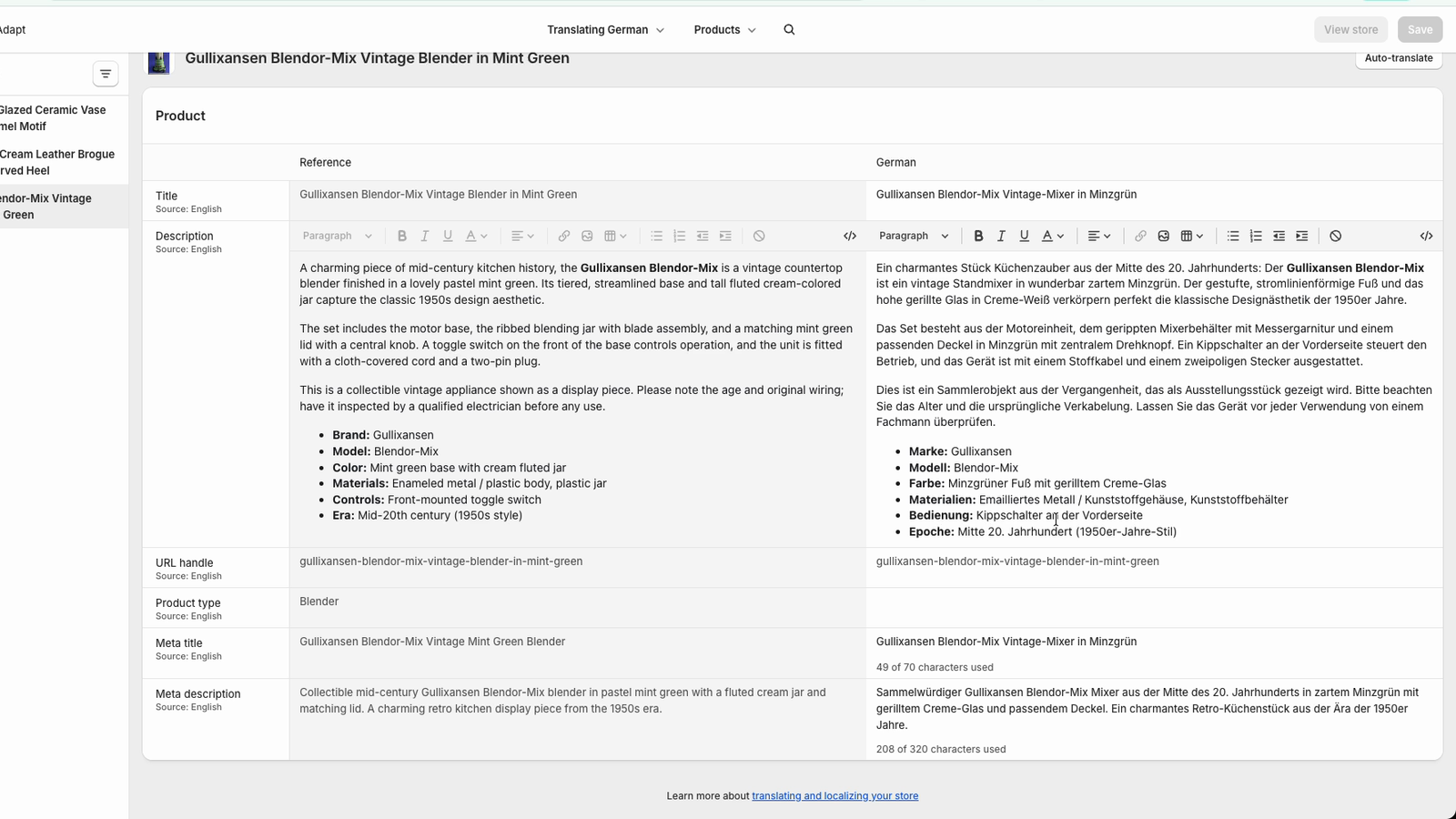 Translation view for multiple languages.